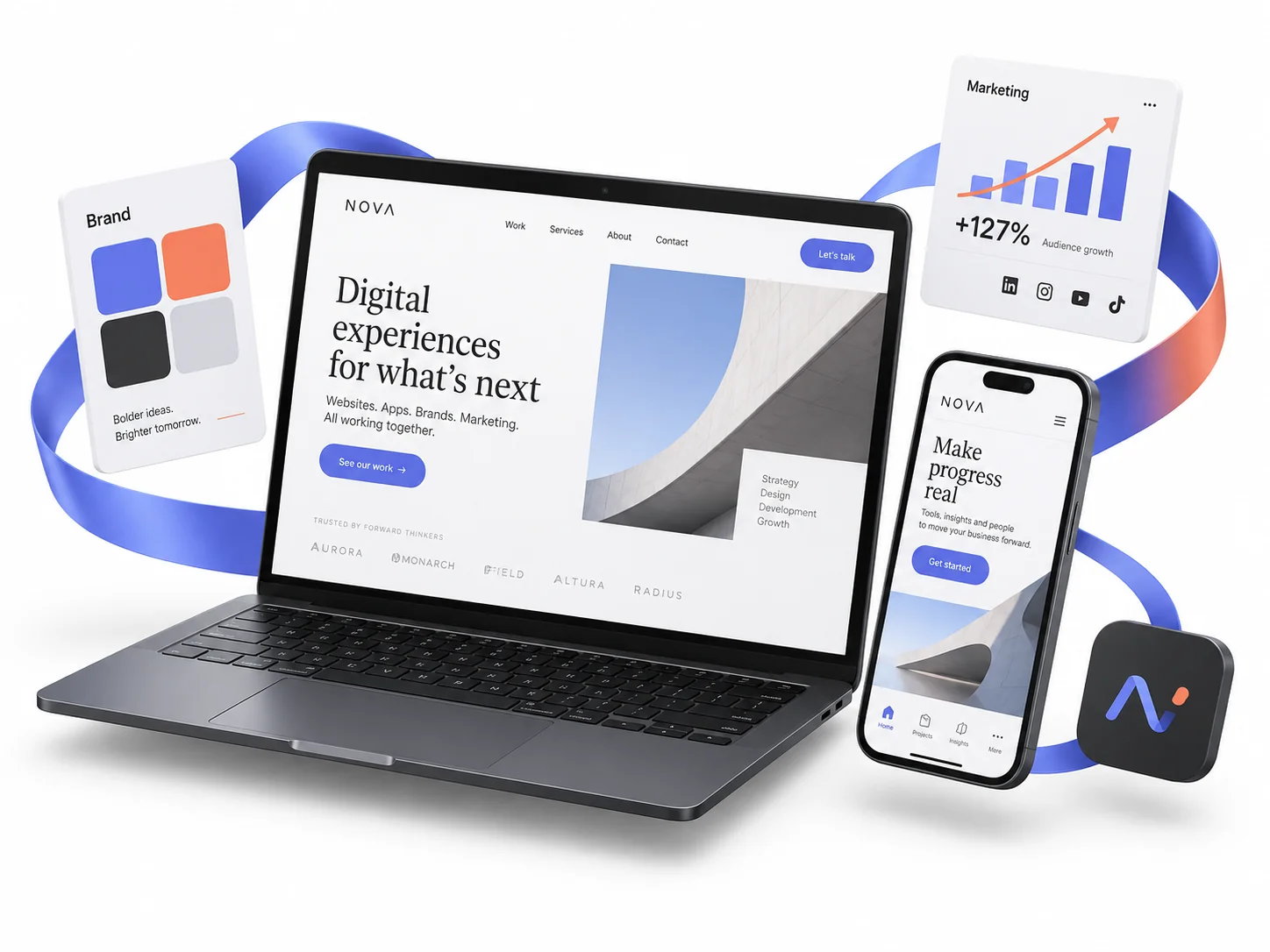 Illustrative connected website, app, brand identity and marketing ecosystem