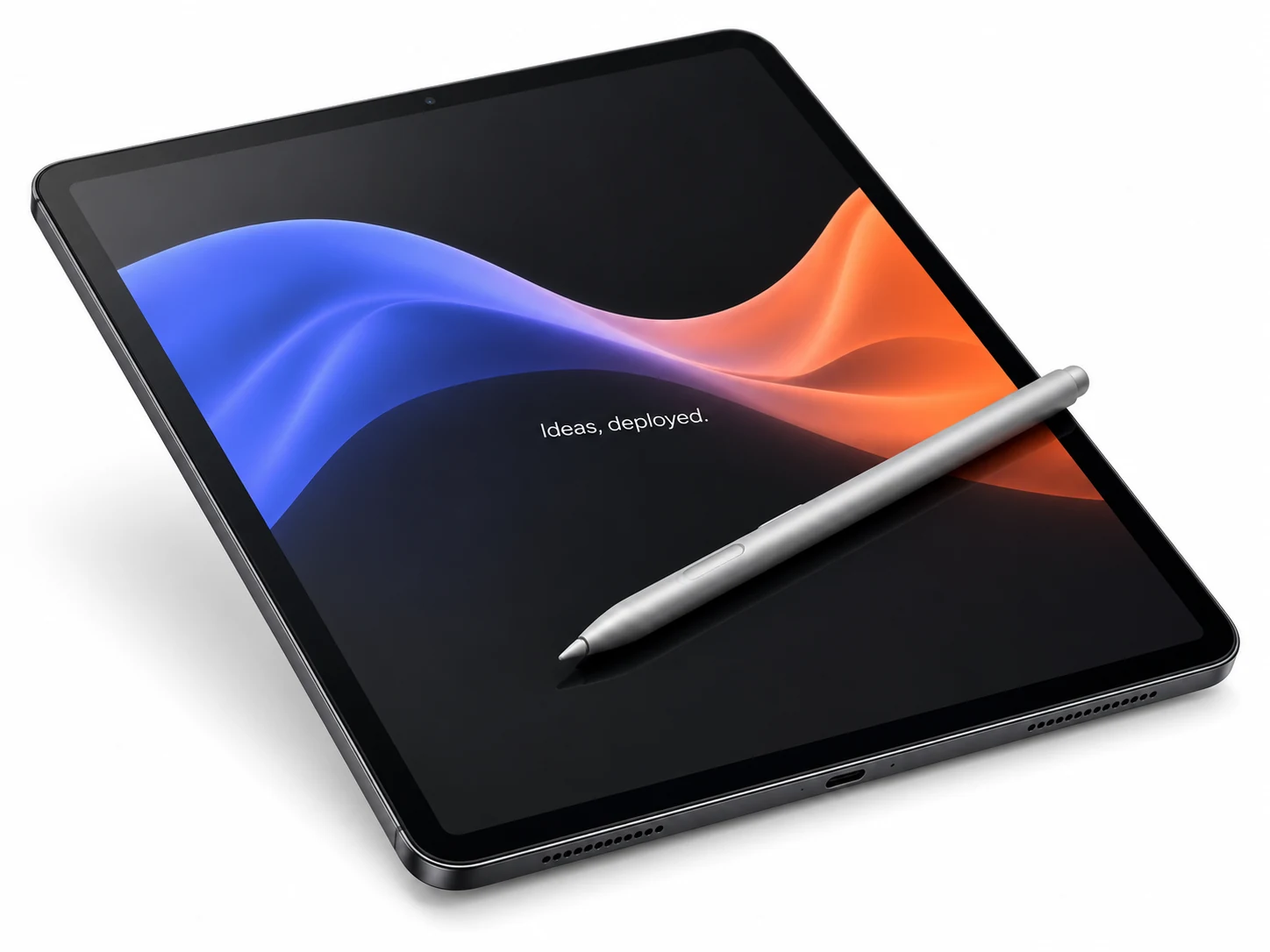 Black tablet and silver stylus with a blue and orange display